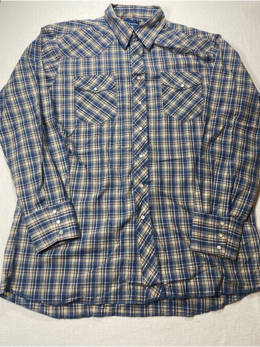 Wrangler Western Rodeo Blue and Tan Plaid Lightweight Shirt. See description.